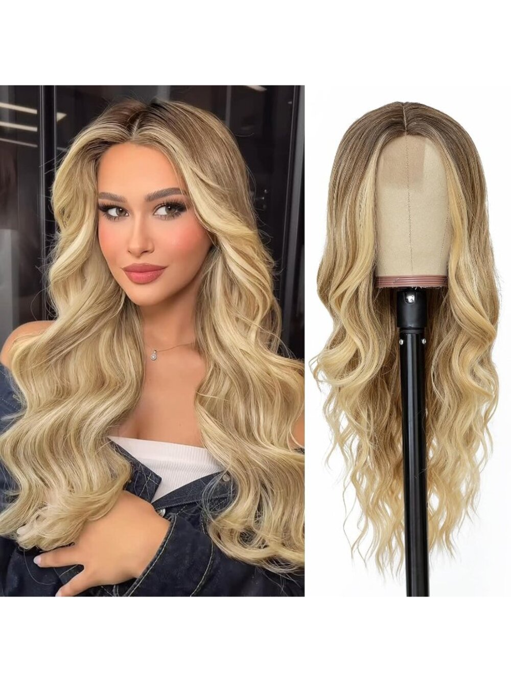 Women's Ombre Blonde 26 Inch Natural Looking Heat Resistant Long Wavy Wigs